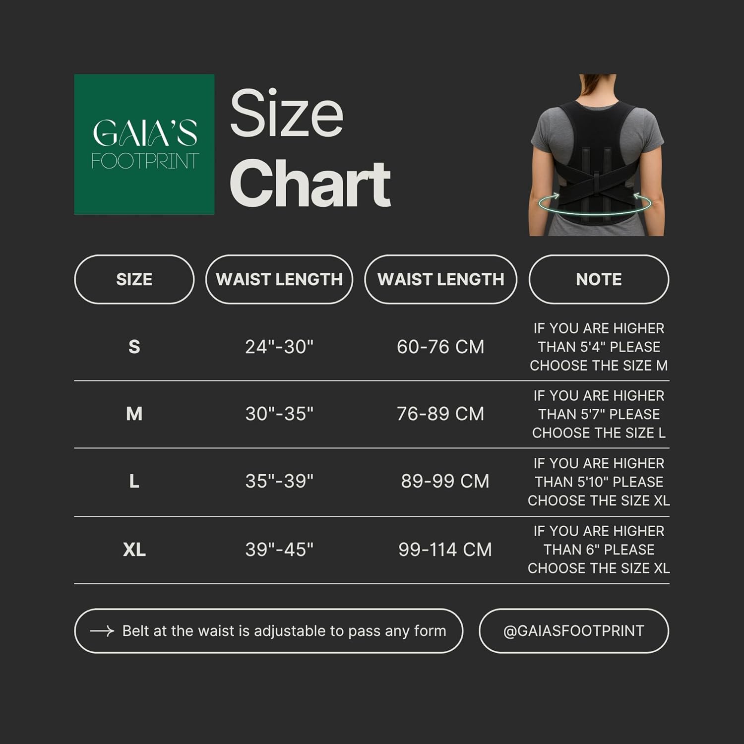 Gaia’s Footprint posture corrector size chart